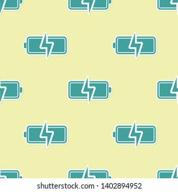 Green Battery icon isolated seamless pattern on yellow background. Lightning bolt symbol. Vector Illustration