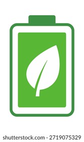 Un icono de batería verde con una hoja, que simboliza la energía ecológica y la sostenibilidad.