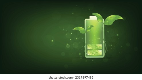 Grüne Batterie mit Blättern. Umweltenergiezeichen Wirkungsgrad Wiederverwerten des elektrischen Leistungssymboles. Futuristisches Batterieaufladekonzept für Stromquelle. 3D-Abbildung.