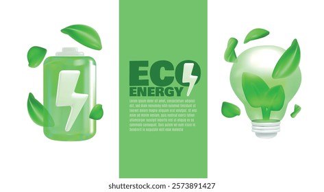 Green battery and light bulb with plant inside 3D cartoon plastic style vector design. Render Eco friendly power. Green energy symbol, ecological alternative energy sources, environmental concept