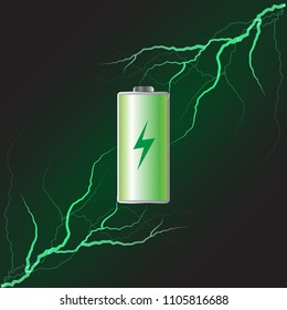 Green battery and lightning on a black background.