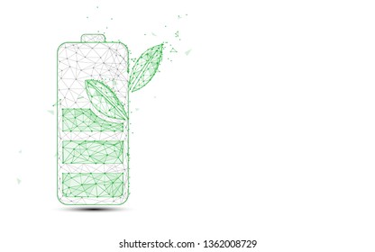 Green battery and plant form lines and triangles, point connecting network background. Ecology concept