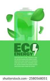 Green battery with plant inside 3D cartoon plastic style. Eco energy vector poster design. Green power symbol, ecological alternative energy sources, environmental protection concept