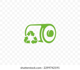 Batería verde y proceso de reciclado del diseño del logotipo de la batería. Reciclaje de baterías de litio-ión ecológico o diseño gráfico de energía seguro. Eliminación ecológica adecuada de la batería ambiental y tóxica para el suelo