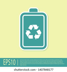 Green Battery with recycle symbol line icon isolated on yellow background. Battery with recycling symbol - renewable energy concept. Vector Illustration
