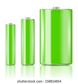 Green battery set, three sizes: AAA, AA, D. Ready for your design. Vector illustration.