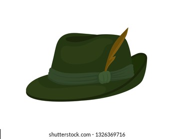 Green Bavarian or Tyrolean hat with feather. Traditional German headwear. Male accessory, part of costume. Flat vector