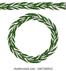 Green Bay Leaf Endless Ribbon Brush. Laurel Round Wreath Frame with a Space for Text. Farm Harvest Template. Realistic Hand Drawn Illustration. Savoyar Doodle Style.