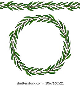 Green Bay Leaf Endless Ribbon Brush. Laurel Round Wreath Frame with a Space for Text. Farm Harvest Template. Realistic Hand Drawn Illustration. Savoyar Doodle Style.