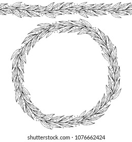 Green Bay Leaf Endless Ribbon Brush. Laurel Round Wreath Frame with a Space for Text. Farm Harvest Template. Realistic Hand Drawn Illustration. Savoyar Doodle Style.