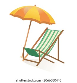 green beach chair with yellow umbrella isolated on white background