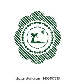 Green beach icon inside distressed grunge style stamp