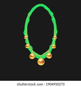 Green beaded necklace with creative pendants. 3d vector illustration.