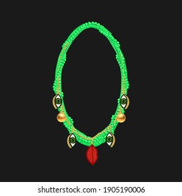 Green beaded necklace with creative pendants. 3d vector illustration.