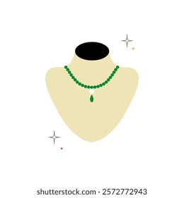 Green Beaded Necklace On Display Mannequin In Flat Vector Illustration Symbolizing Fashion, Jewelry Presentation, And Style, Isolated On White Background