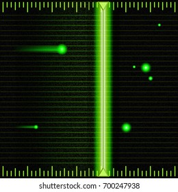 Green beam of scanner checks display. Futuristic interface scanner. Radar scan technology. Abstract background, vector illustration
