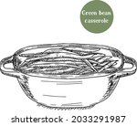 Green bean casserole hand drawn vector illustration. Thanksgiving dinner traditional dish isolated on white background. 