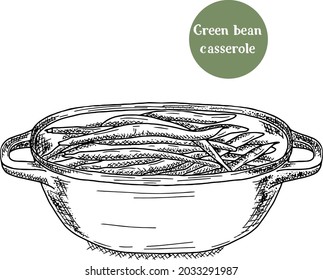 Green bean casserole hand drawn vector illustration. Thanksgiving dinner traditional dish isolated on white background. 