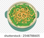 Green bean casserole topped with crispy fried onions on a transparent background. Perfect Thanksgiving side dish. vector