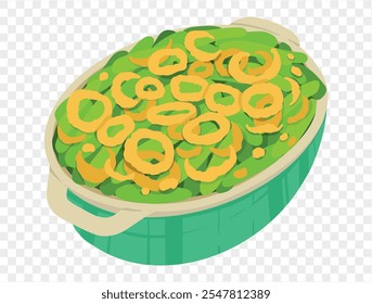 Cazuela de judías verdes cubierta con cebollas fritas crujientes sobre un fondo transparente. Guarnición perfecta de Acción de Gracias. Vector