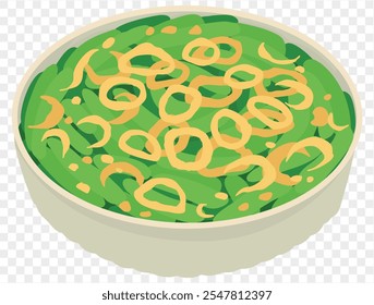 Cazuela de judías verdes cubierta con cebollas fritas crujientes sobre un fondo transparente. Guarnición perfecta de Acción de Gracias. Vector