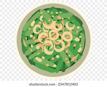 Cazuela de judías verdes cubierta con cebollas fritas crujientes sobre un fondo transparente. Guarnición perfecta de Acción de Gracias. Vector