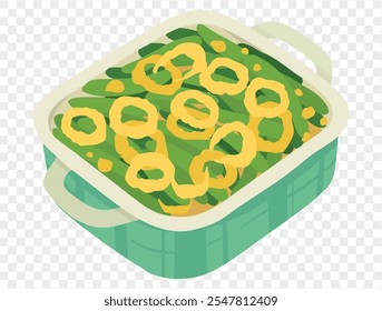 Cazuela de judías verdes cubierta con cebollas fritas crujientes sobre un fondo transparente. Guarnición perfecta de Acción de Gracias. Vector