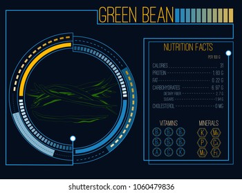 Green Bean. Nutrition facts. Vitamins and minerals. Futuristic  Interface. HUD infographic elements. Flat design, no gradient. Vector illustration