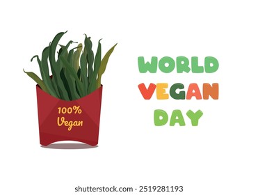 Green beans asparagus in red paper bag isolated on white labeled 100% vegan. Colorful lettering World Vegan Day. Vector illustration for Vegan Day for posters, banners, leaflets, flyers, greeting card