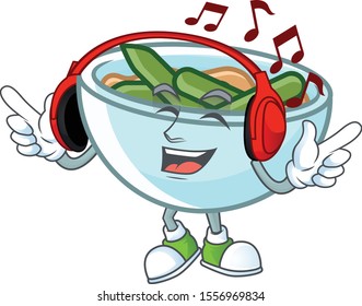 Green beans casserole on white background with listening music mascot