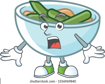 Green beans casserole on white background with surprised mascot