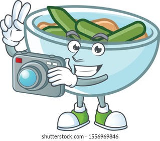 Green beans casserole on white background with photographer mascot