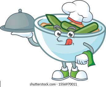 Green beans casserole on white background with chef holding food mascot