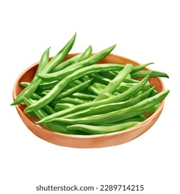Green Beans on Wooden Bowl Isolated Hand Drawn Painting Illustration