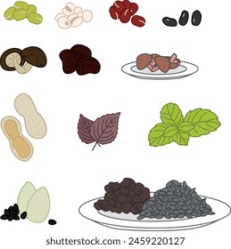green beans, red beads, black beads, mushrooms, peanut, mints,barley