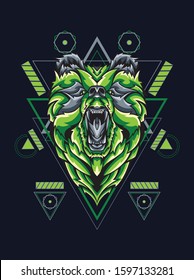 Green bear illustration with sacred geometry pattern