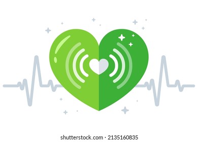 green beating heart. healthy human cardiogram. flat vector illustration.