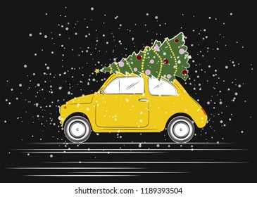 Green Beautiful Decorated Christmas Tree On The Roof Of Little Yellow Car. Happy New Year Card! Retro Transport On The Black Background With Snow.