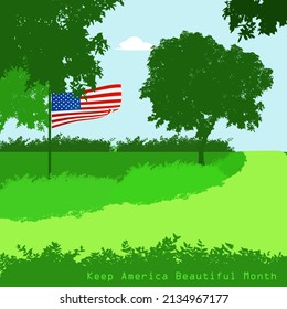 Green and beautiful park environment with american flag flying and cloudy blue sky, Keep America Beautiful Month in April