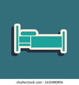 Green Bed icon isolated on blue background. Long shadow style. Vector Illustration