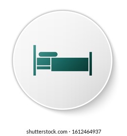 Green Bed icon isolated on white background. White circle button. Vector Illustration