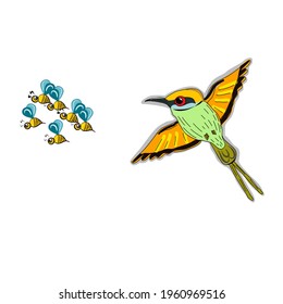 Green bee eater hunting bee cartoon sticker concept