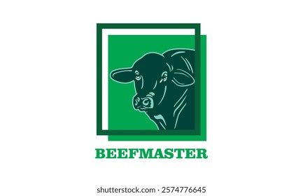 green beef master head in rectangle logo, silhouette of great cow face vector illustrations