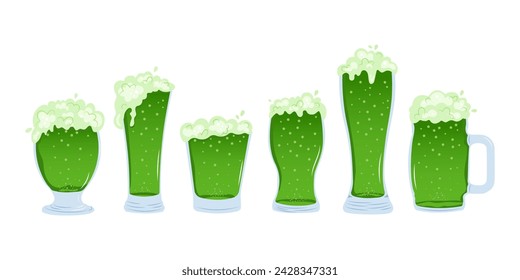 Green beer or green ale in glasses of different types. Vector cartoon beer in cups and mugs isolated on white background. St. Patrick's Day drinks. 
