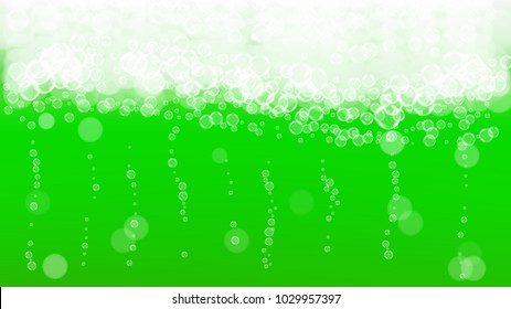 Green beer background for Saint Patricks Day with bubbles and foam.