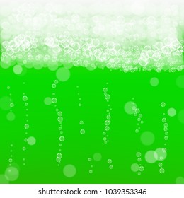 Green beer background for Saint Patricks Day with bubble foam. Cool liquid drink for pub and bar menu design, banners and flyers.  Realistic backdrop with green beer for St. Patrick. Cold ale glass