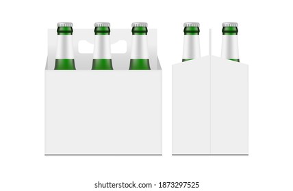 Green Beer Bottle Carrier Packaging Box Mockup, Front and Side View, Isolated on White Background. Vector Illustration svg