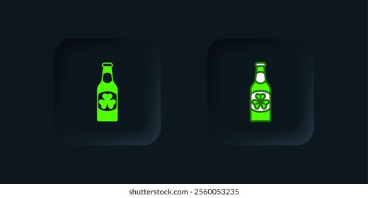 Green Beer bottle with clover trefoil leaf icon isolated on black background. Happy Saint Patricks day. National Irish holiday. Black square button. Vector