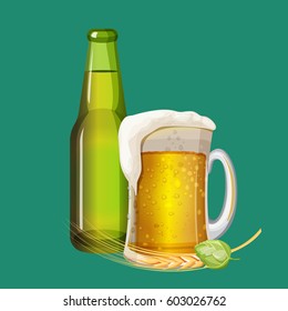 Green beer bottle and frothy drink in glass mug on turquoise background. Golden barley grains and green malt laying near big cup with handle. Vector illustration cartoon style art icon.