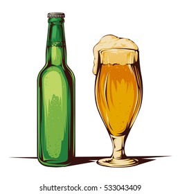 Green beer bottle and beer glass with fresh beer and white foam isolated on white background